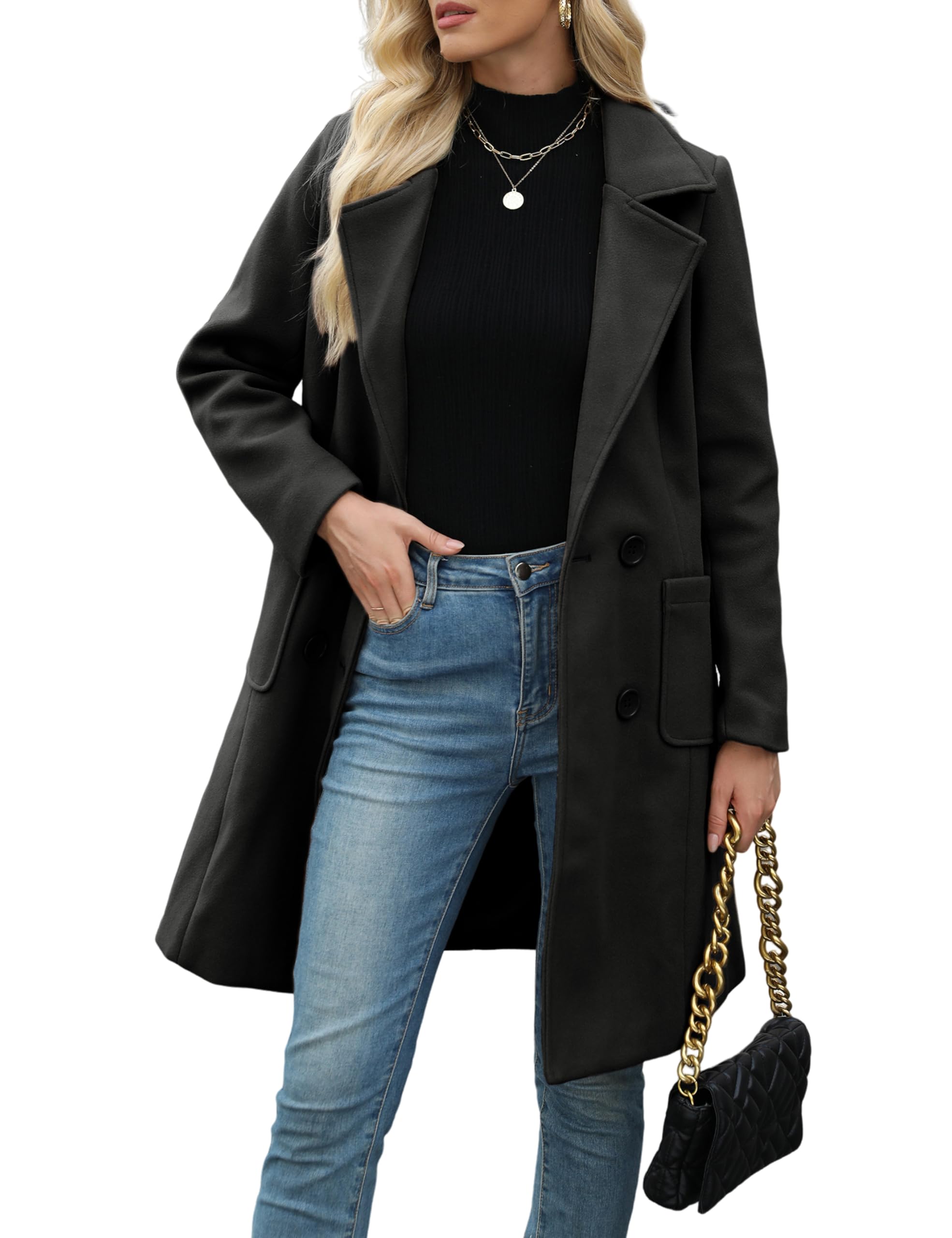 Women Winter Wool Blend Camel Mid-Long Coat Notch Double-Breasted Lapel Jacket Outwear