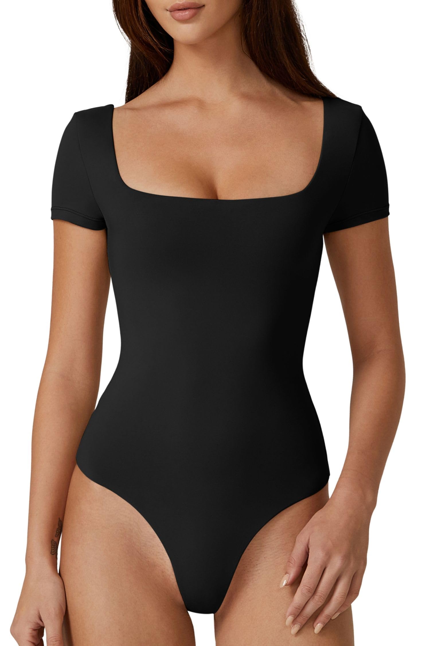  Women's Square Neck Short Sleeve Double-Layer Bodysuit