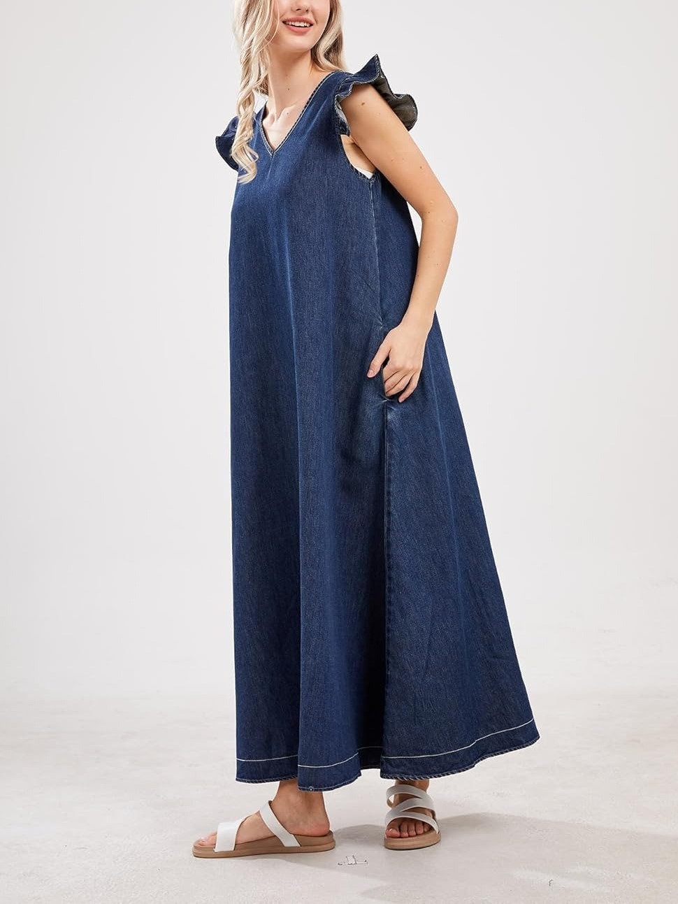 HOT SALE Women's Casual Loose Fit Ruffle Sleeveless V-Neck Denim Maxi Dress
