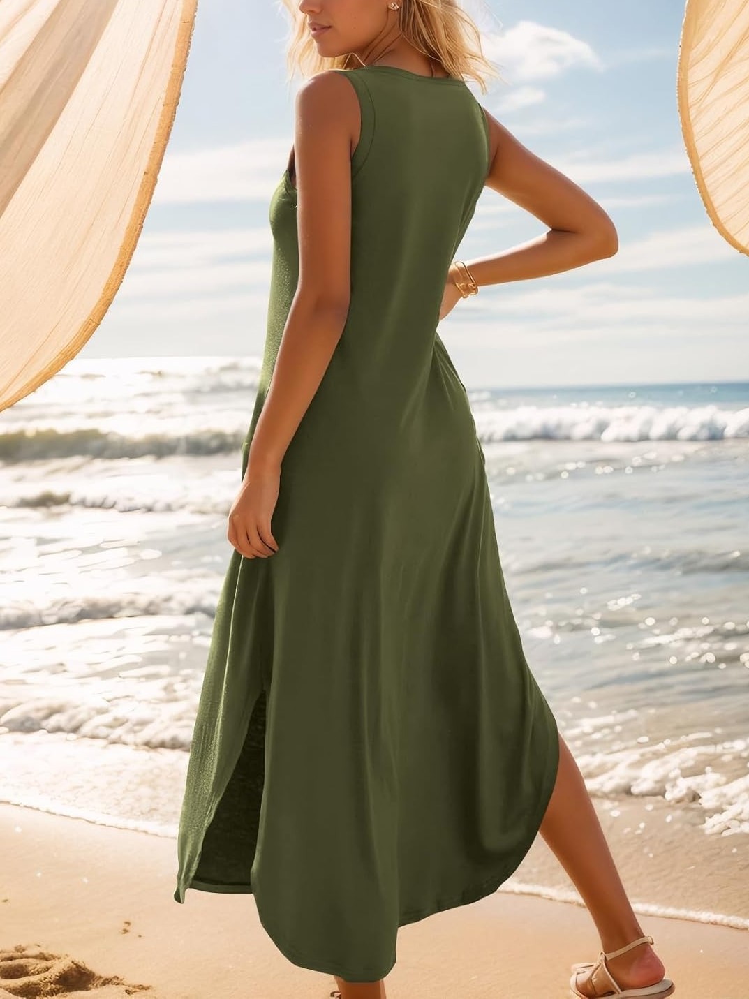 Women's Summer Casual Loose Sleeveless V Neck Split Tank Long Dress with Pockets