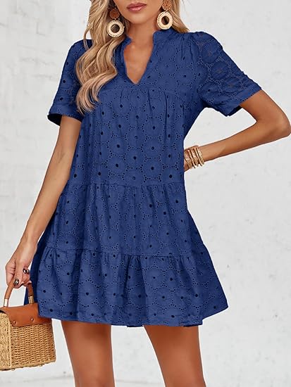 Womens Eyelet Casual Flowy Babydoll Swing Short Sleeve V Neck Tunic Dress