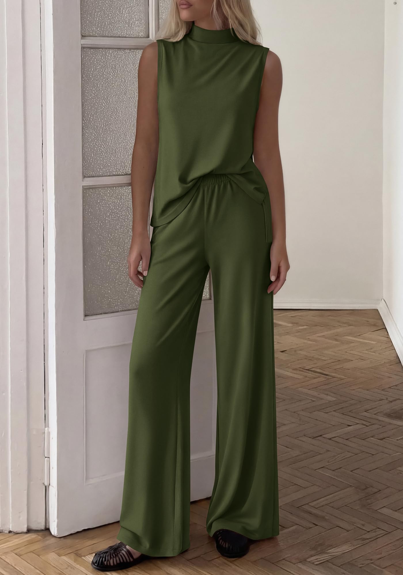 Women's 2-Piece Sleeveless Mock Neck Top & Wide-Leg Pants Set With Pockets
