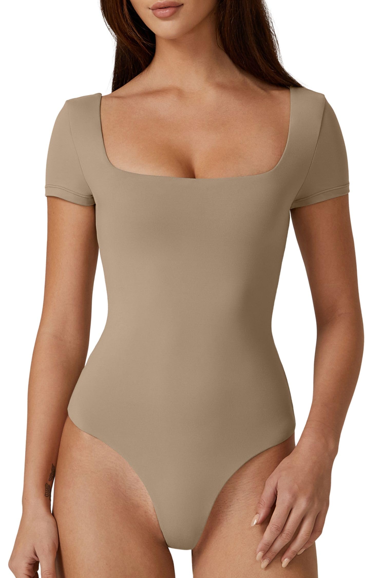  Women's Square Neck Short Sleeve Double-Layer Bodysuit