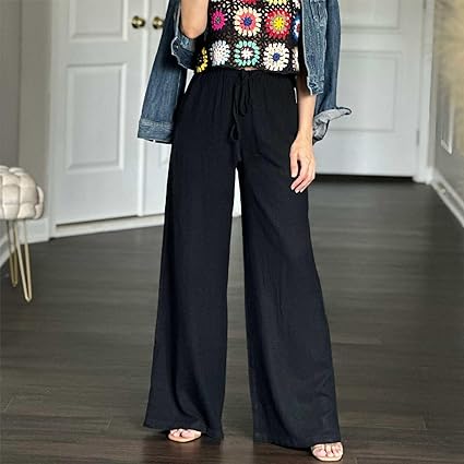 Women's Cotton Linen Drawstring Stretch Waist Wide Leg Pants