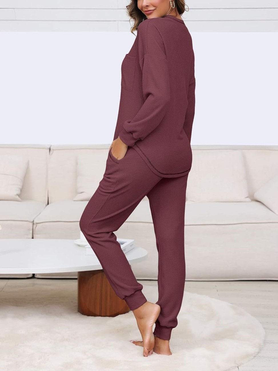 Women's V Neck Waffle Knit Sleepwear Top and Pant Lounge Sets