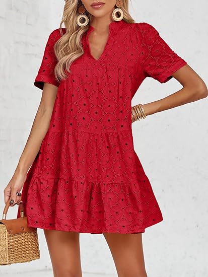 Womens Eyelet Casual Flowy Babydoll Swing Short Sleeve V Neck Tunic Dress