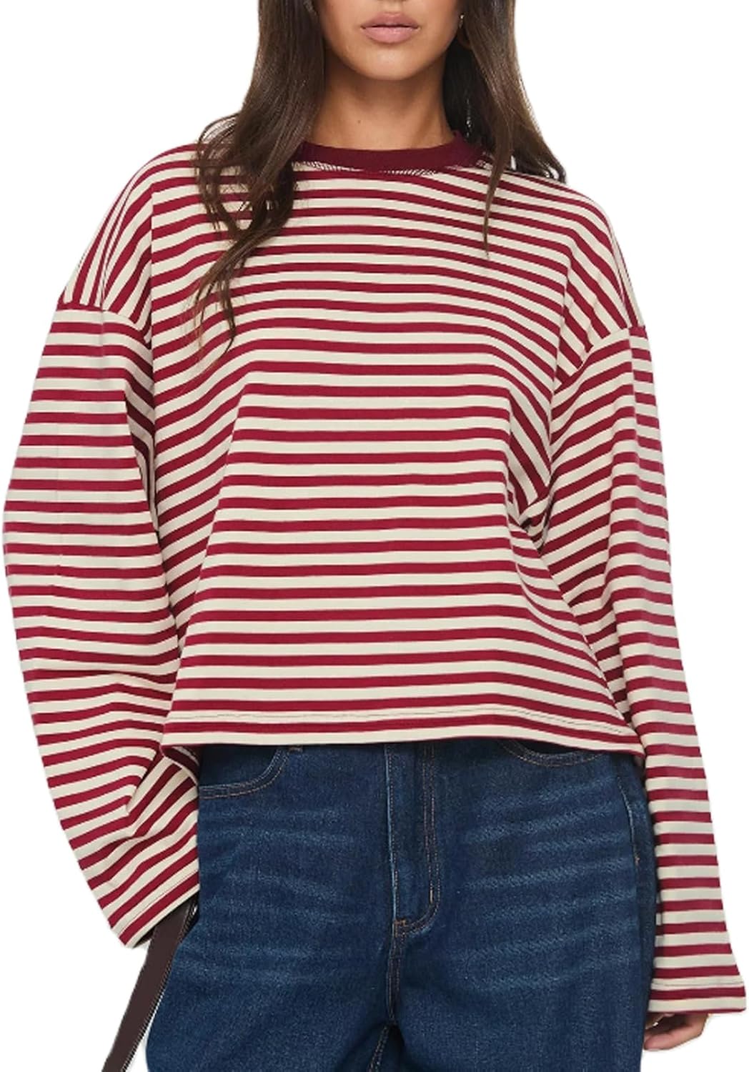 HOT SALE Women's Oversized Striped Cropped Long Sleeve Top