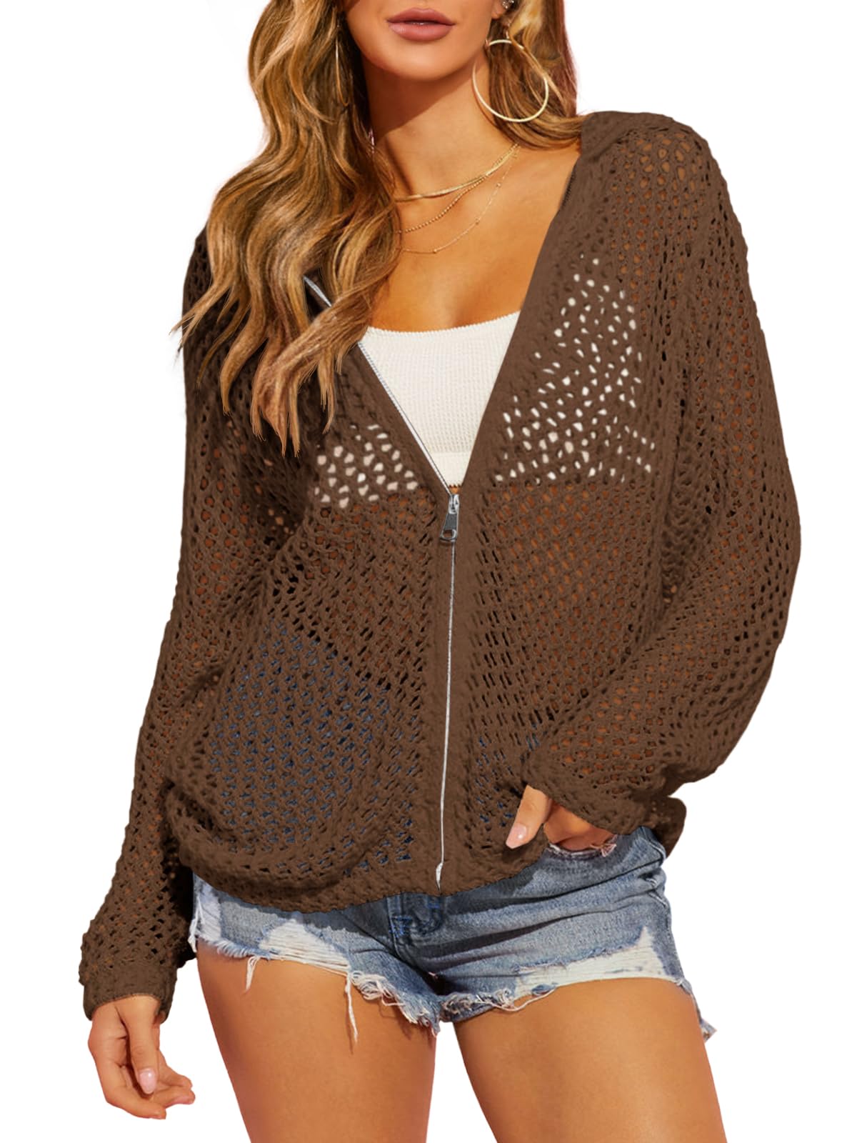 HOT SALE Womens Crochet Lightweight Cardigans Zip Up Hooded Cover Up