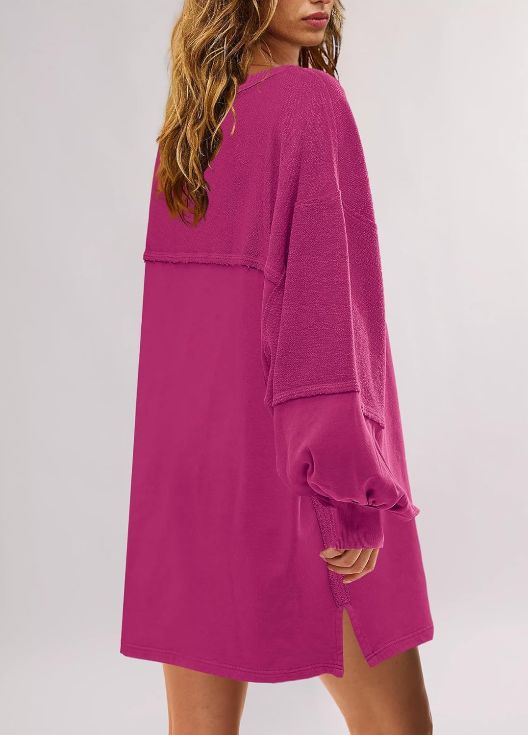 Women's Oversized Crewneck Patchwork Slit Sweatshirt Dress