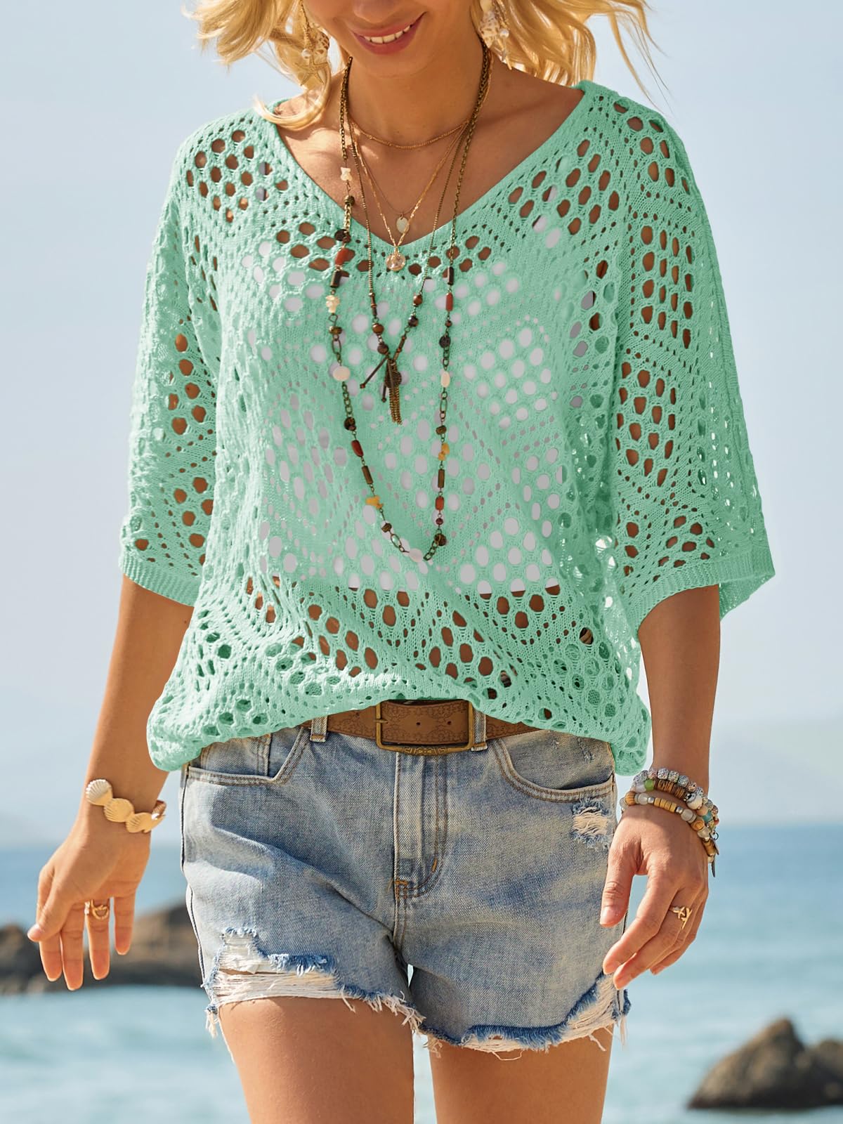 Women's Summer V Neck Crochet Top Boho Beach Swimsuit Coverups