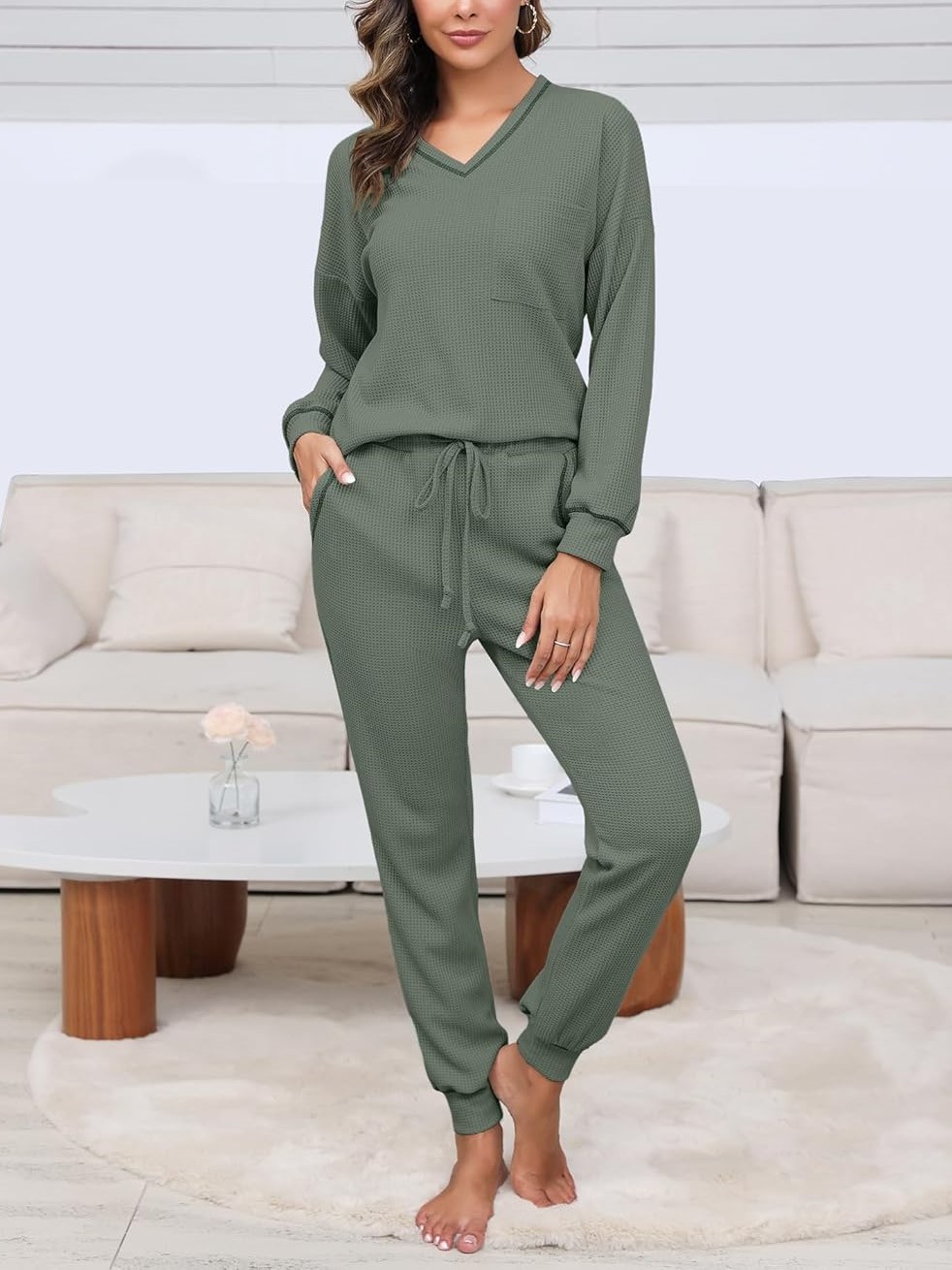 Women's V Neck Waffle Knit Sleepwear Top and Pant Lounge Sets