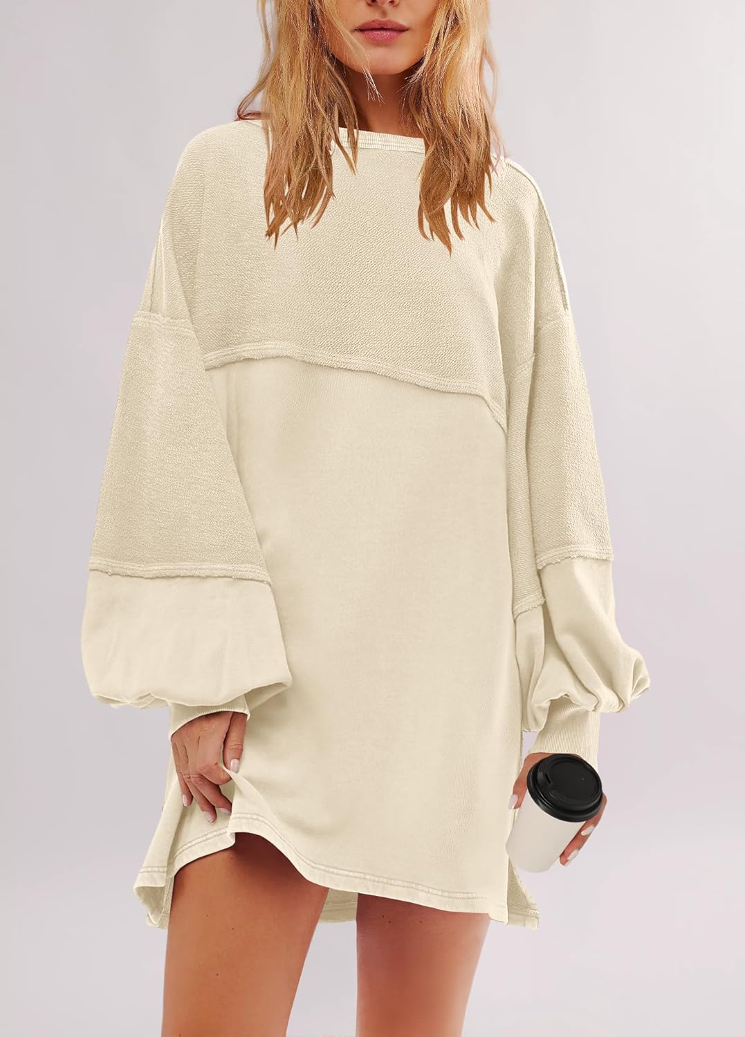 Women's Oversized Crewneck Patchwork Slit Sweatshirt Dress