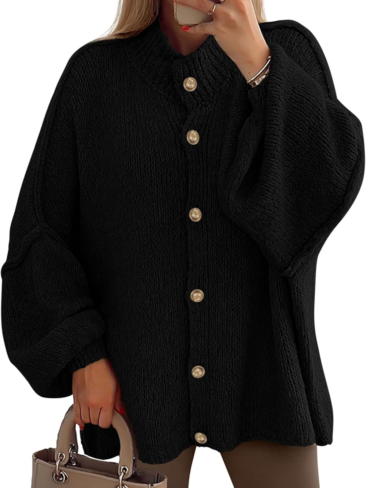 Women's Winter Button Down Cardigan Sweaters Mock Neck Lantern Long Sleeve