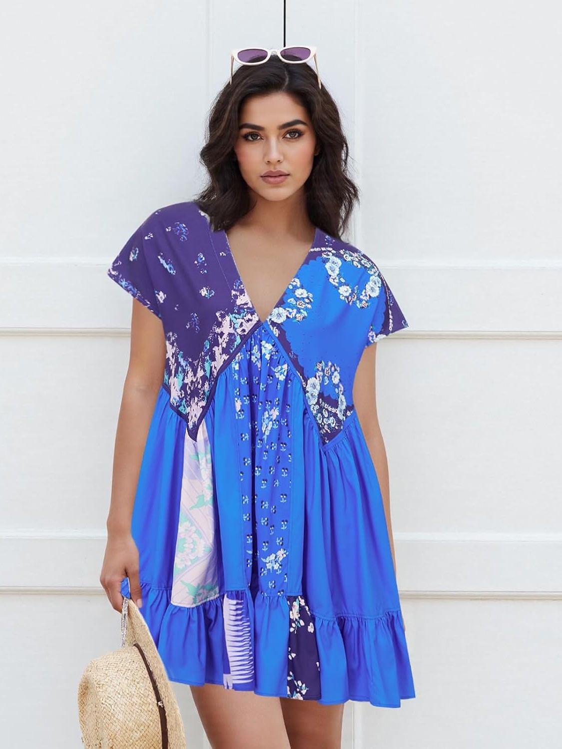 Women's V-Neck Printed Flowing Short Sleeve Mini Dress