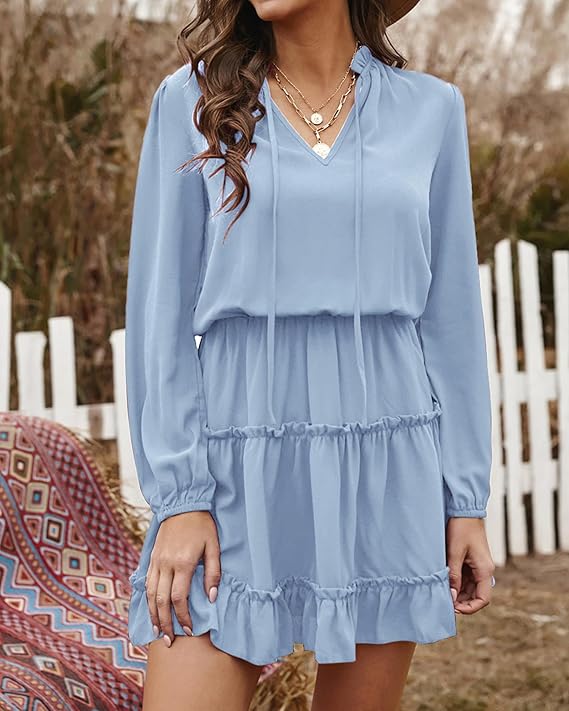 Women's Tie Neck High Waist Layered Ruffle Waist Mini Dress(BUY 2 FREE SHIPPING)