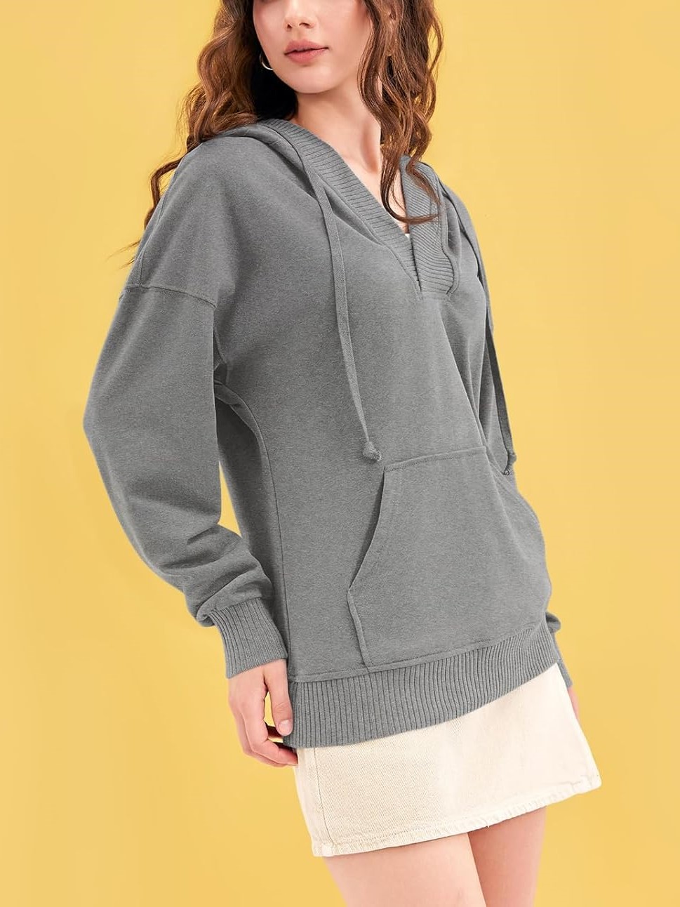 Women‘’s Casual Oversized V Neck Drawsting Hooded Sweatshirts