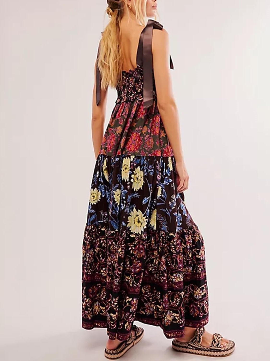 Women's Flowy Smocked Sleeveless Tie Shoulder Boho Maxi Dress