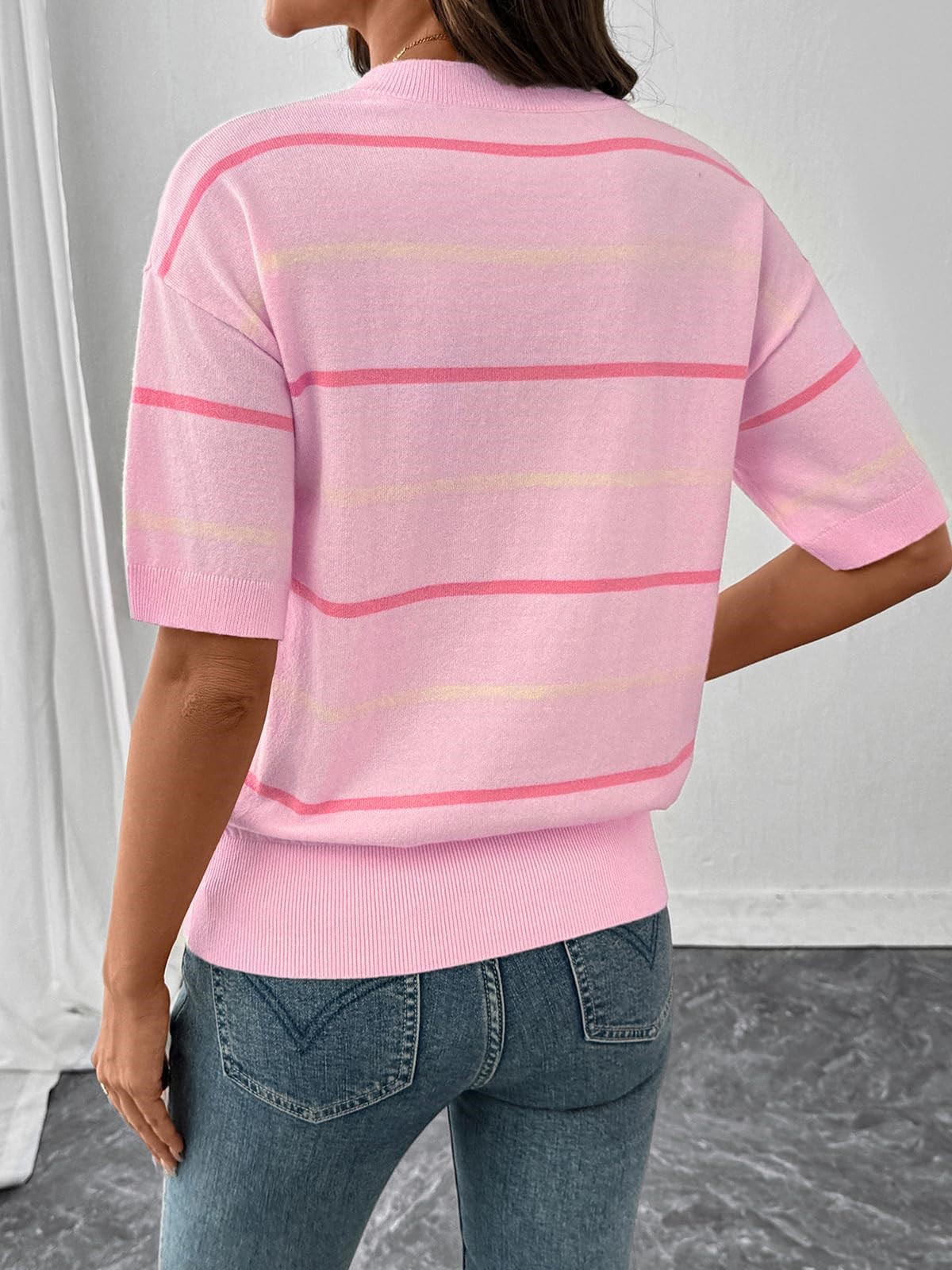 Women's Knitted Striped Crewneck Short Sleeve Sweater