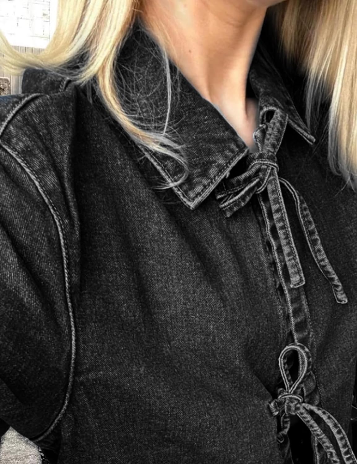 Women's Tie Bow Closure Loose Denim Jacket with Pockets