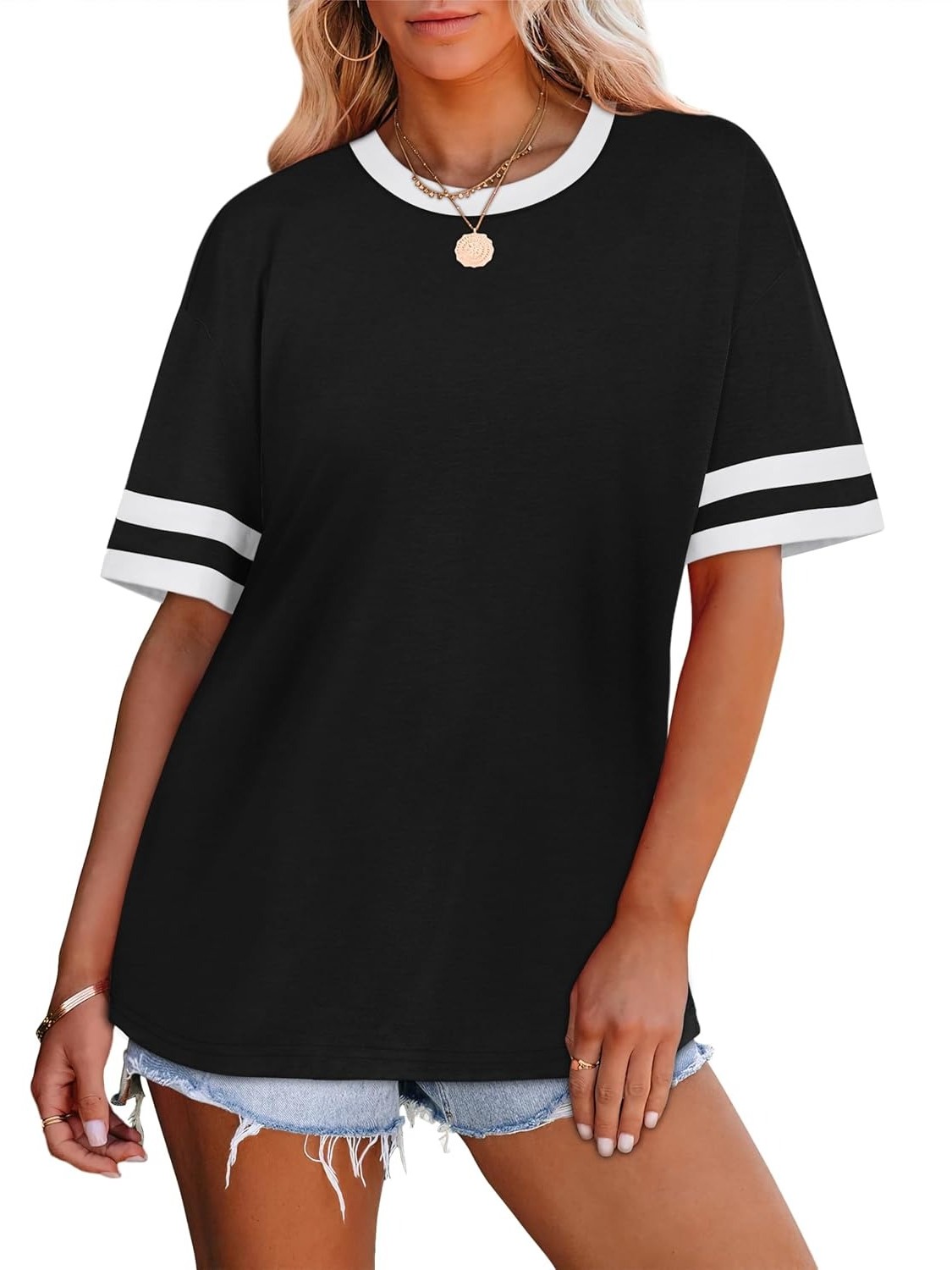 Women's Oversized Crew Neck Colorblock Striped Sleeve T-shirt