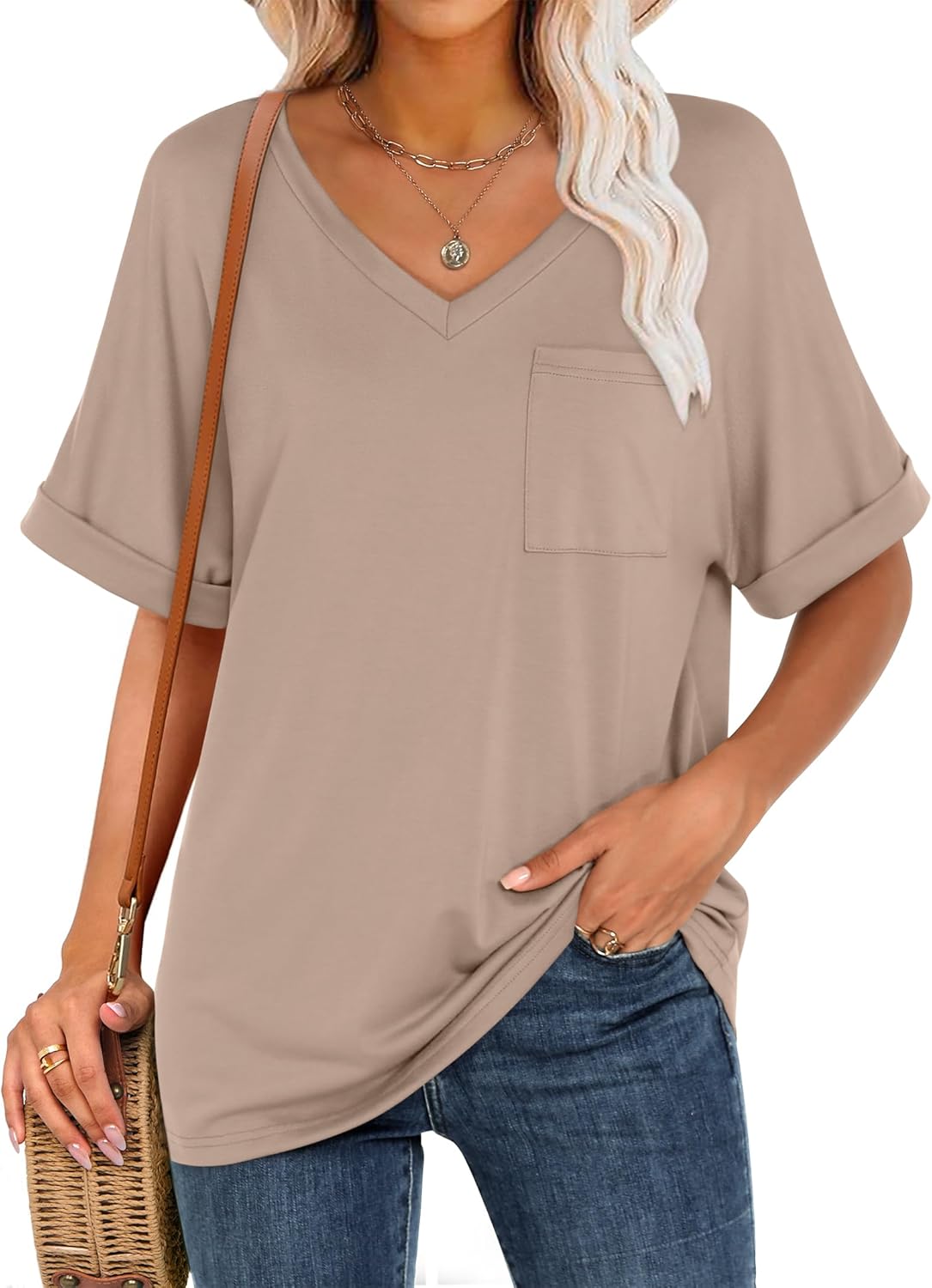 Women's Cute Oversized Short Sleeve Tops Basic Tee Shirts with Pocket(BUY 3 FREE SHIPPING)
