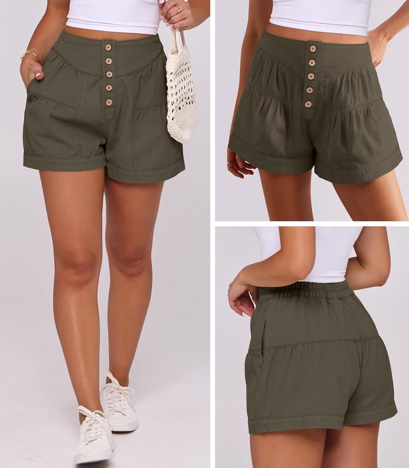 Women's Summer Baggy Flowy Wide Leg Buttons Pleated Denim Shorts