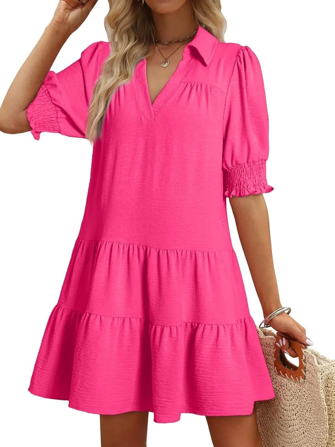 HOT SALE Women's Smocked Sleeve Tiered V-Neck Mini Dress (Buy 2 Free Shipping)