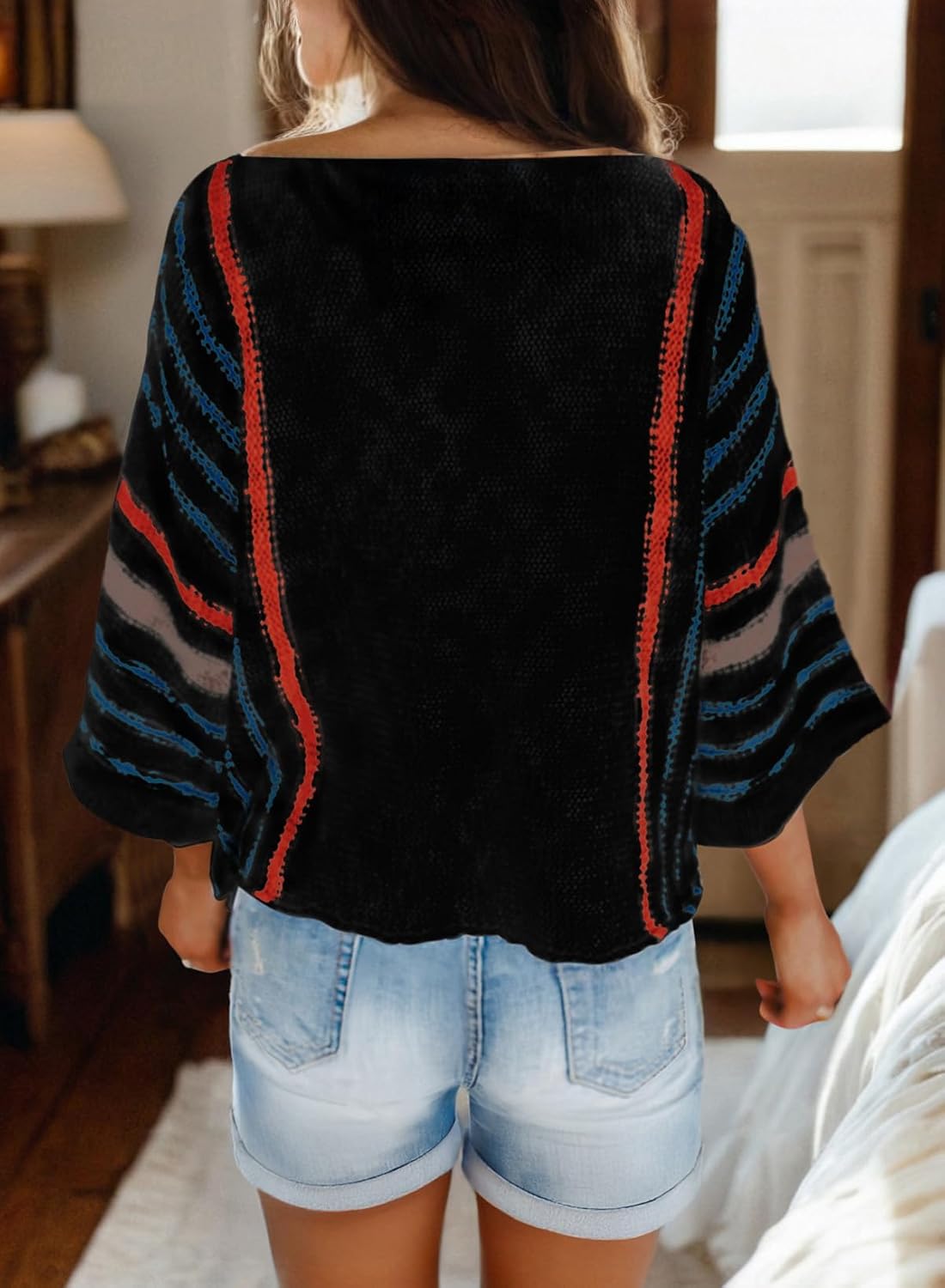 Women's Casual Color Block Striped Cable Knit Boho Sweater