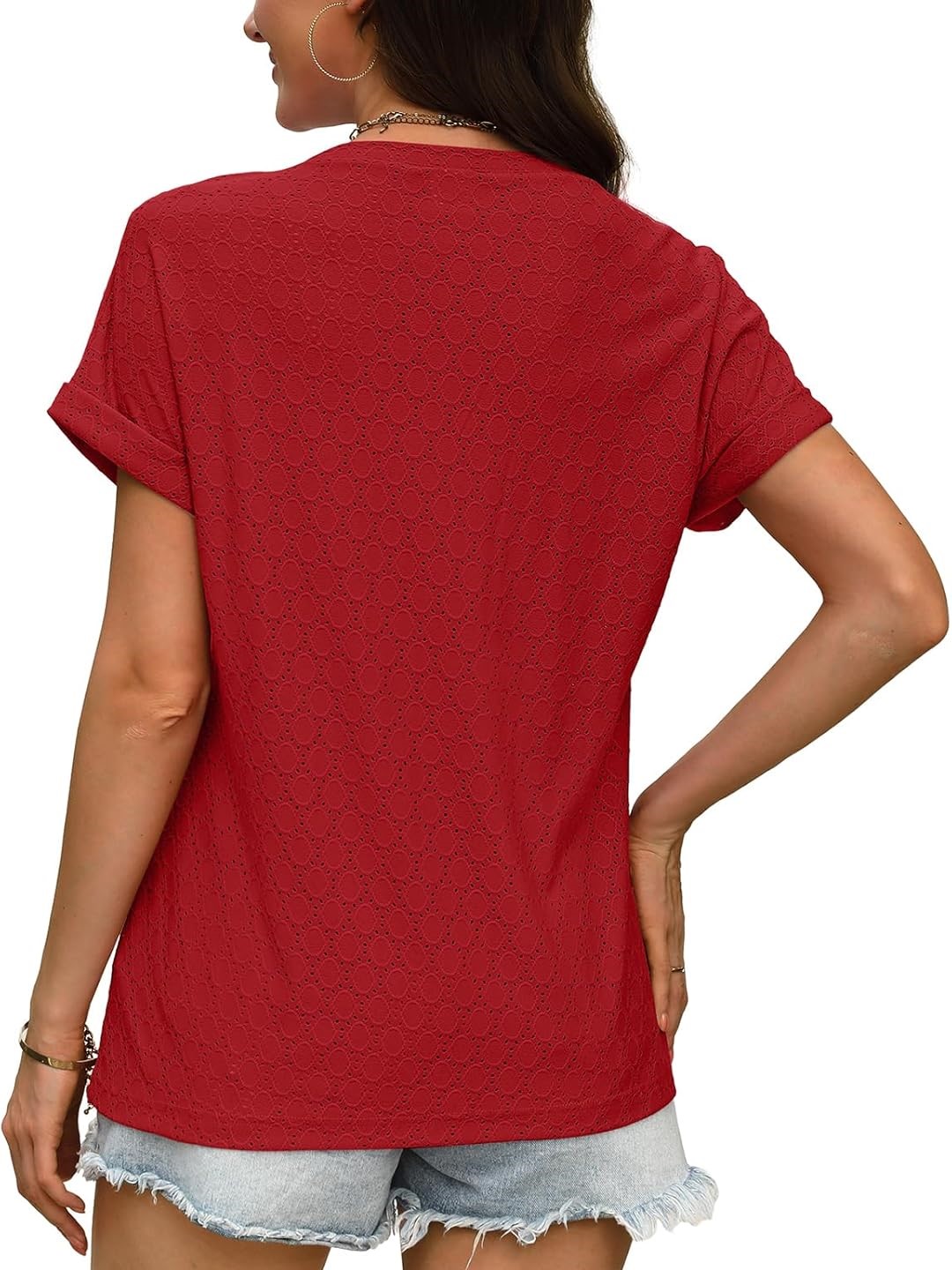 Women's V Neck Eyelet Dressy Casual Basic Short Sleeve Tees