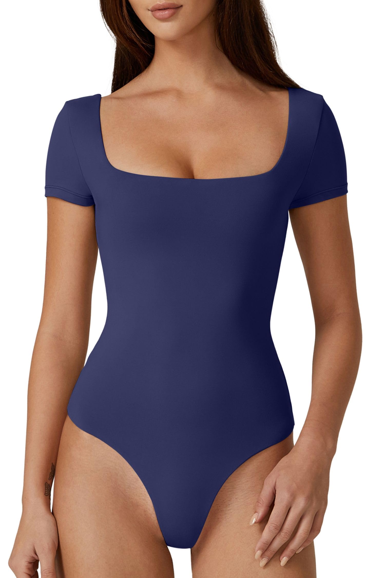  Women's Square Neck Short Sleeve Double-Layer Bodysuit