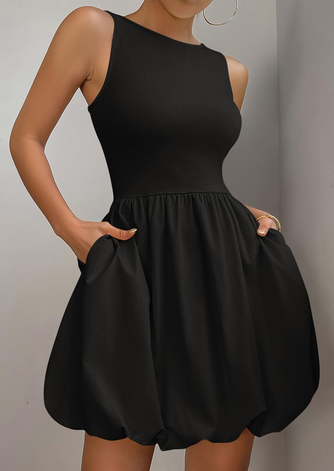 Women's Casual Crew Neck Sleeveless Tank Bubble Dress with Pockets