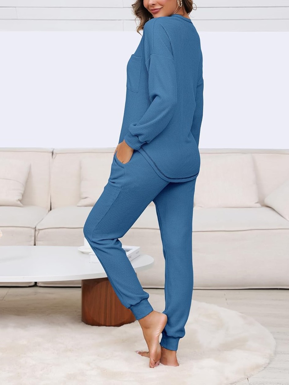 Women's V Neck Waffle Knit Sleepwear Top and Pant Lounge Sets