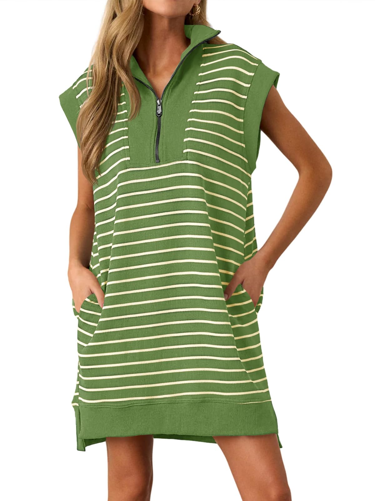HOT SALE Women's Striped Knit Cap Sleeve Half-Zip Mini Dress