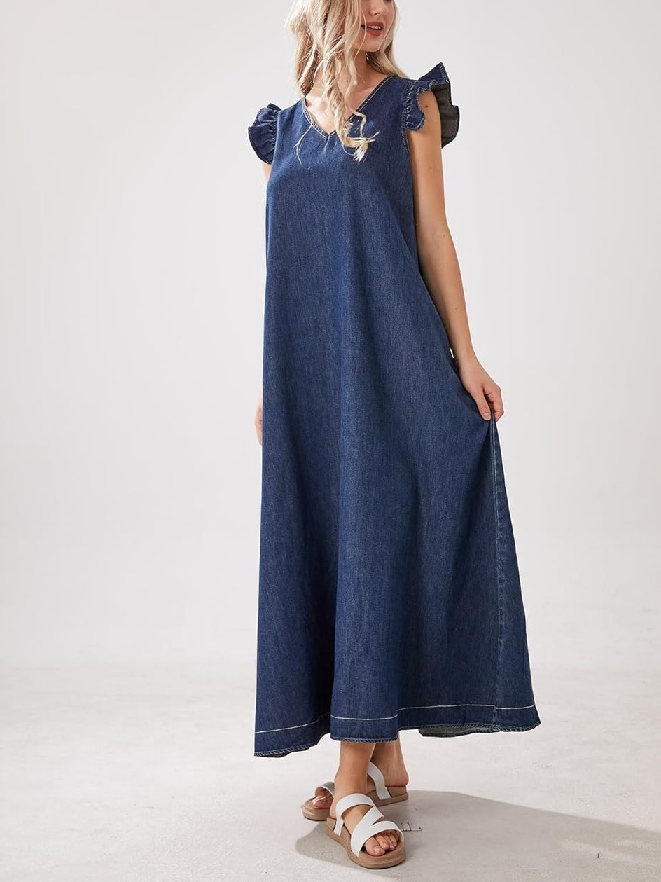 HOT SALE Women's Casual Loose Fit Ruffle Sleeveless V-Neck Denim Maxi Dress