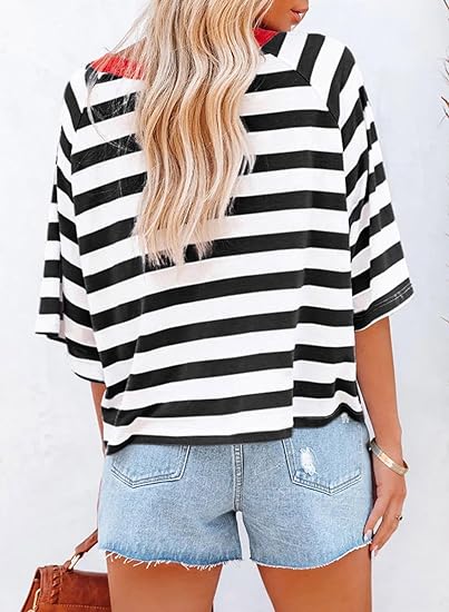 HOT SALE Women's Cute Round Neck Striped Short Sleeve Casual Top