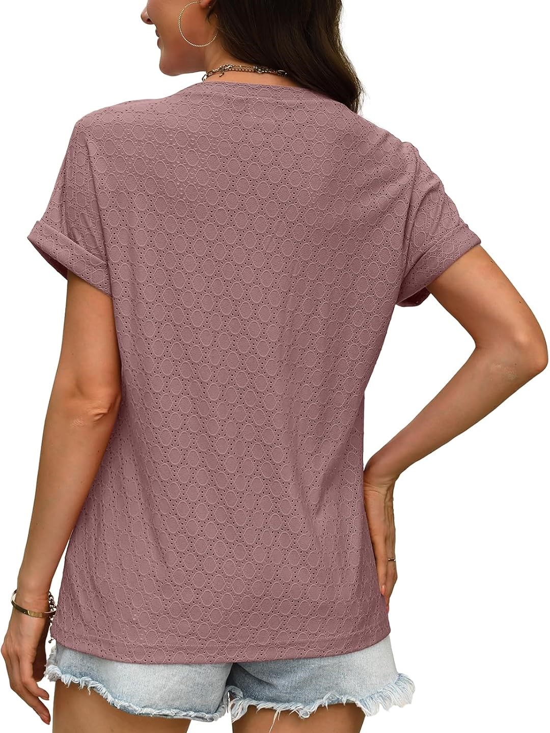 Women's V Neck Eyelet Dressy Casual Basic Short Sleeve Tees