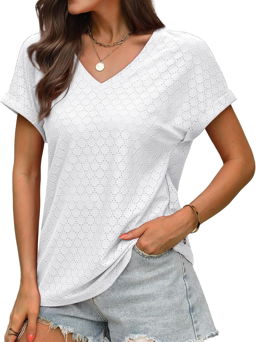 Women's V Neck Eyelet Dressy Casual Basic Short Sleeve Tees