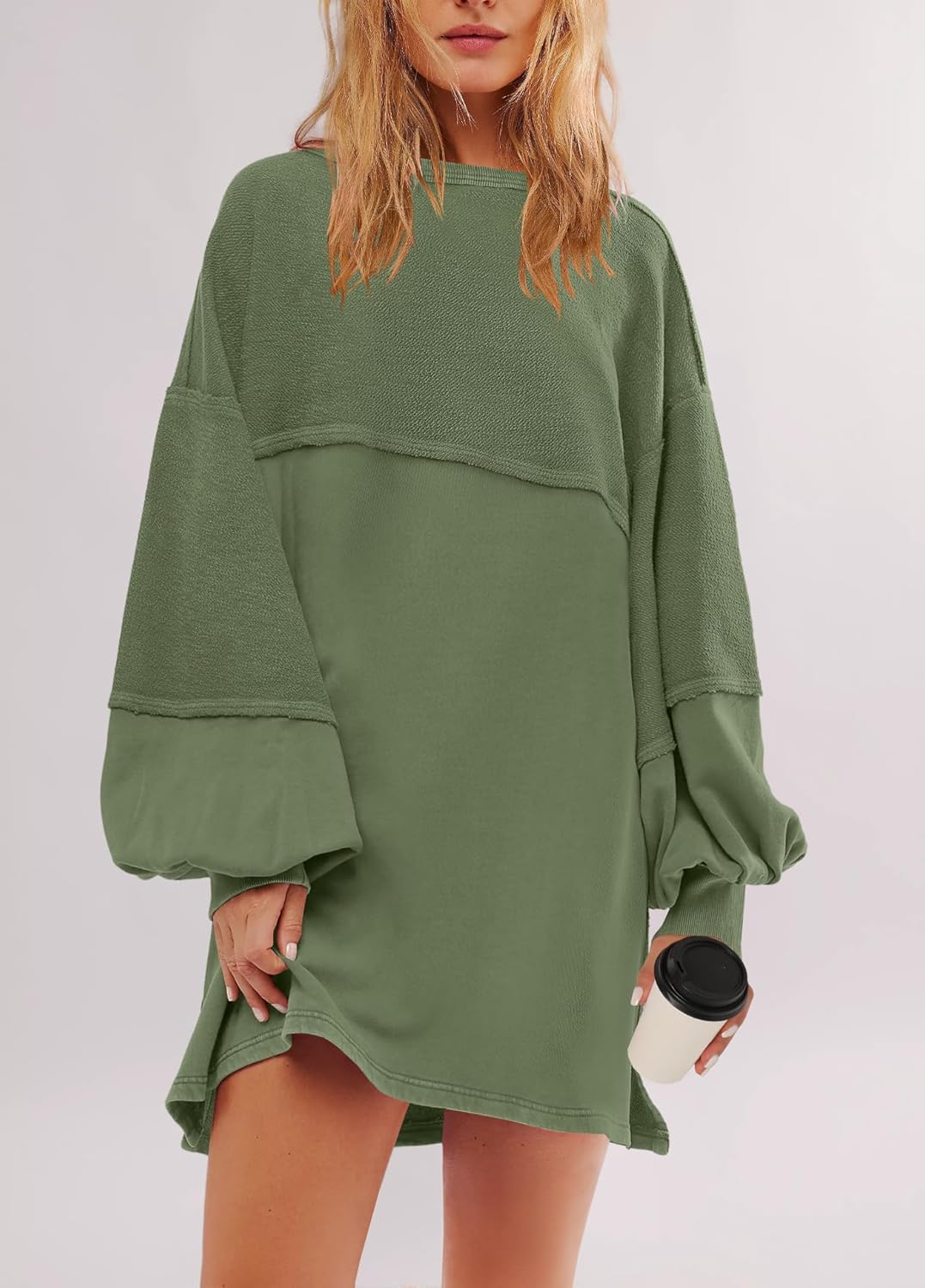 Women's Oversized Crewneck Patchwork Slit Sweatshirt Dress