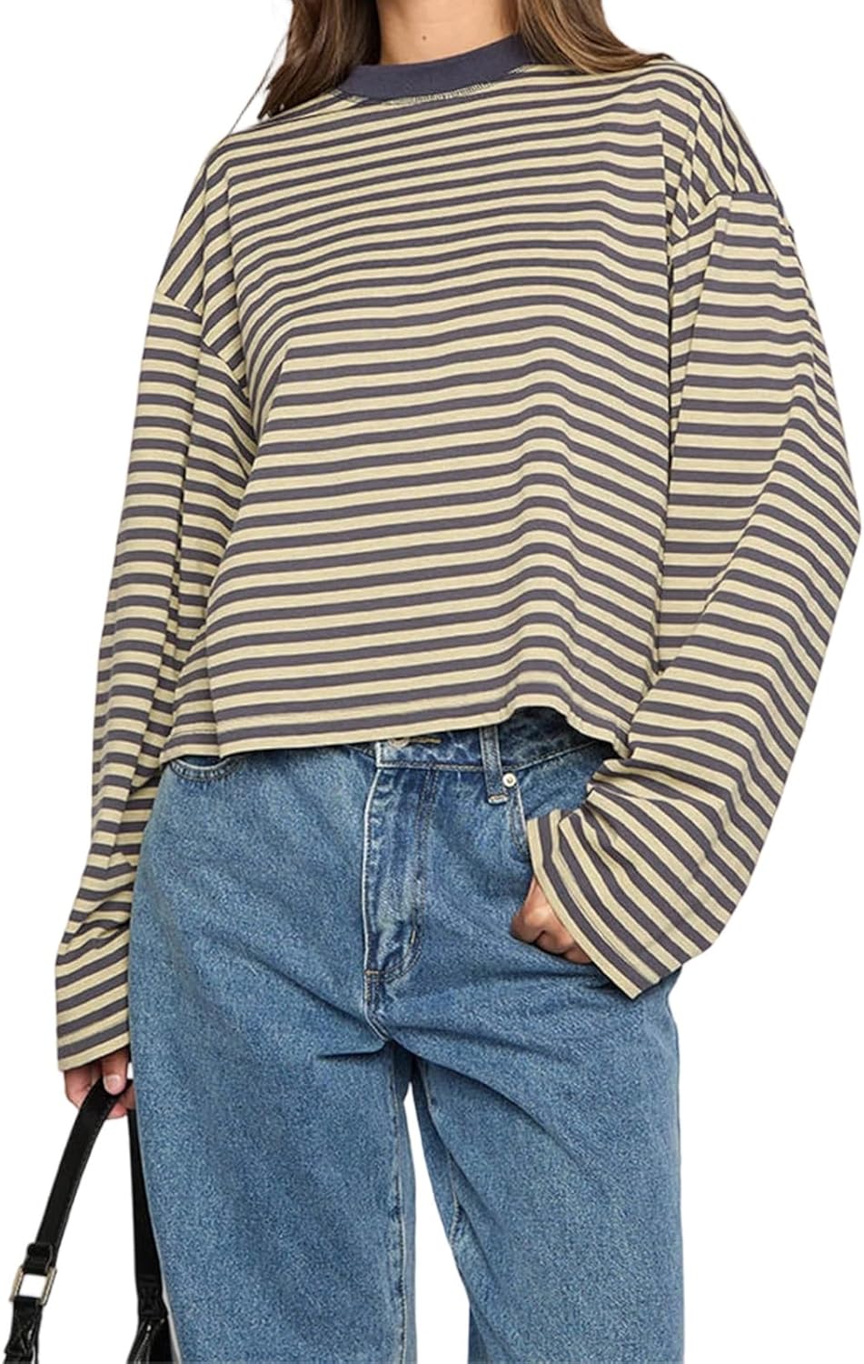 HOT SALE Women's Oversized Striped Cropped Long Sleeve Top