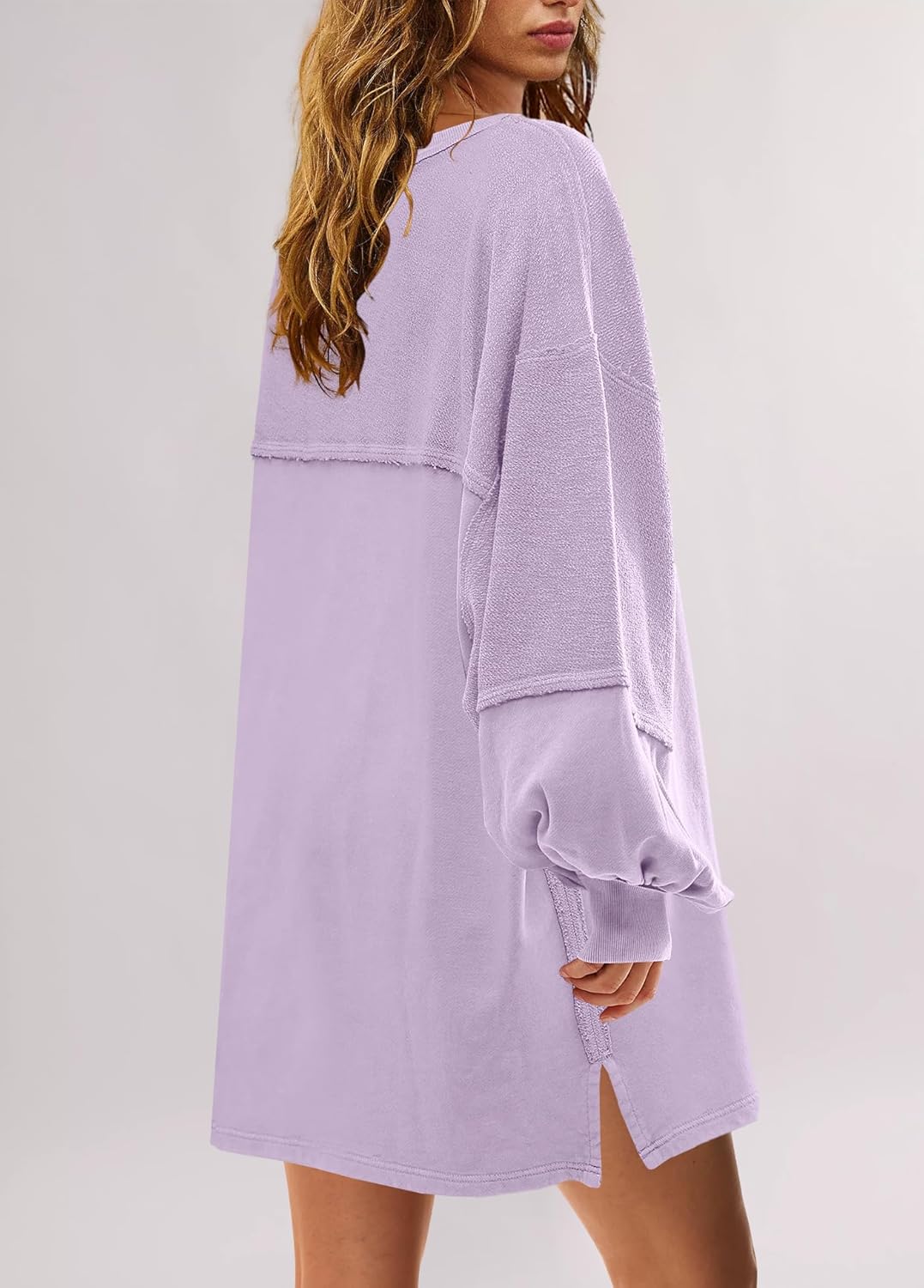 Women's Oversized Crewneck Patchwork Slit Sweatshirt Dress