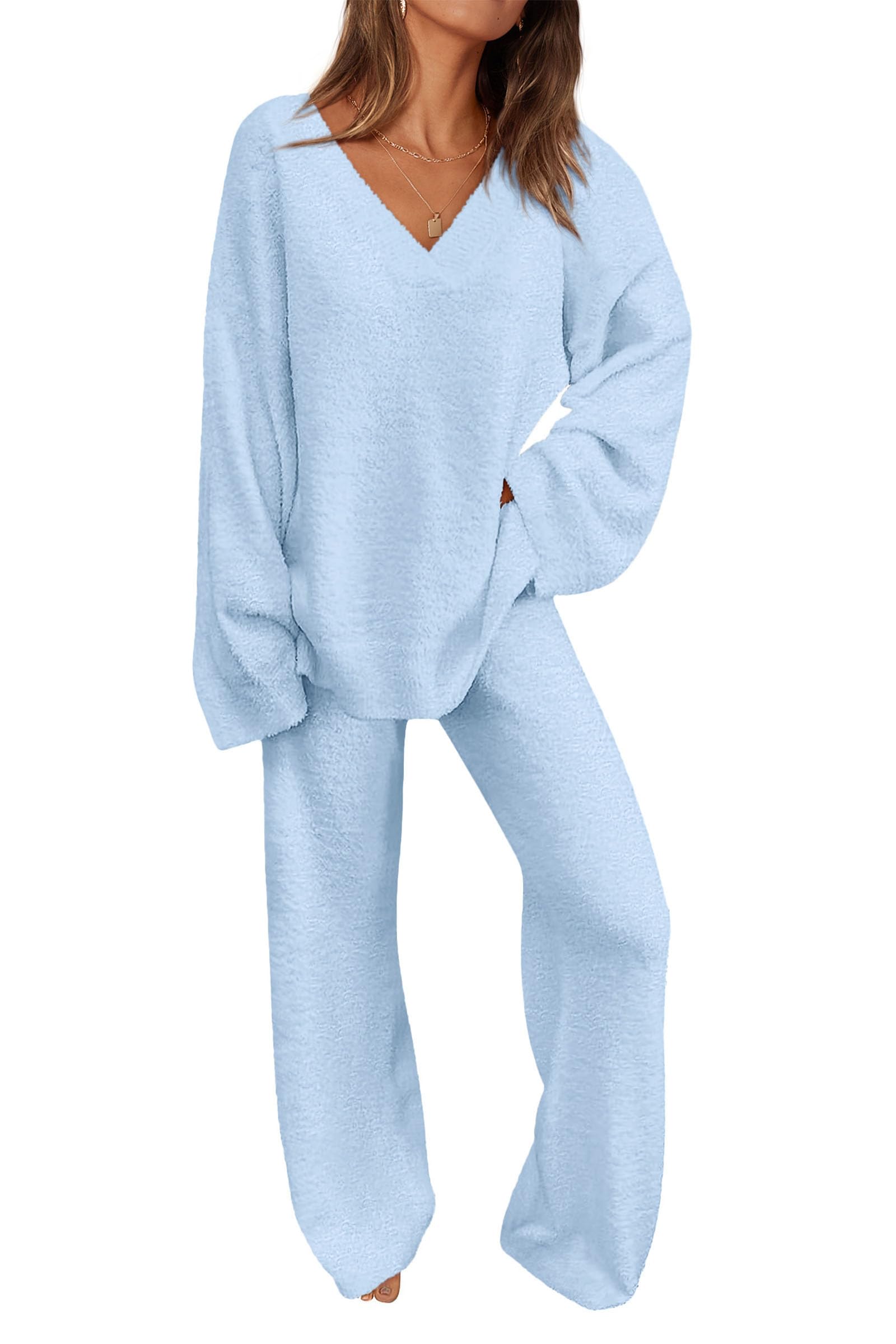 Women's 2 Piece Oversized V Neck Pullover Sweater Fuzzy Lounge Set (Buy 2 Free Shipping)