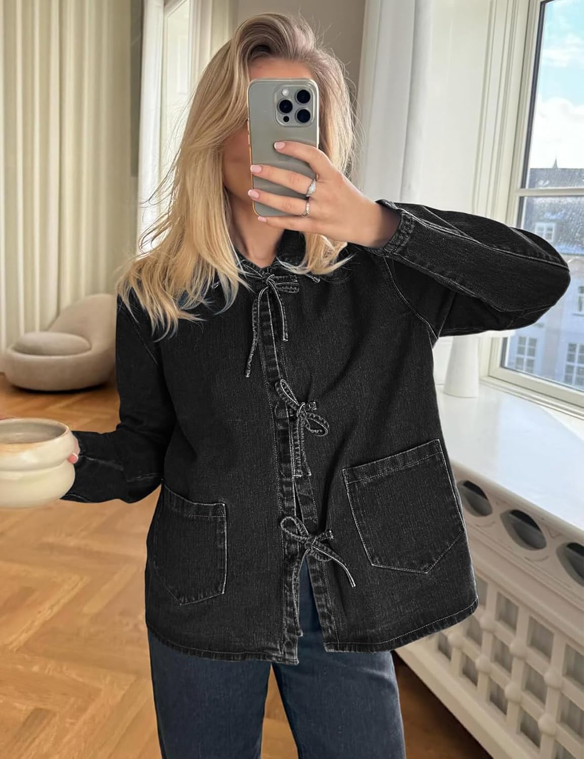 Women's Tie Bow Closure Loose Denim Jacket with Pockets
