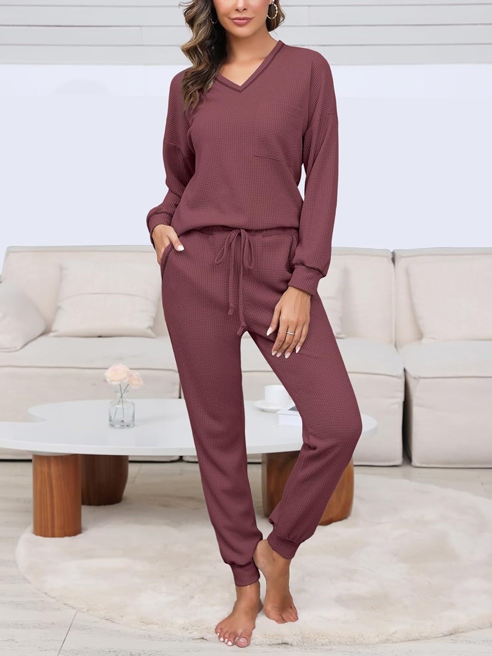 Women's V Neck Waffle Knit Sleepwear Top and Pant Lounge Sets