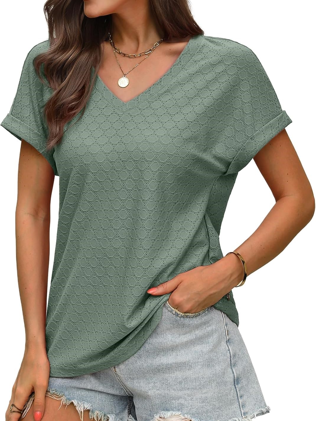 Women's V Neck Eyelet Dressy Casual Basic Short Sleeve Tees