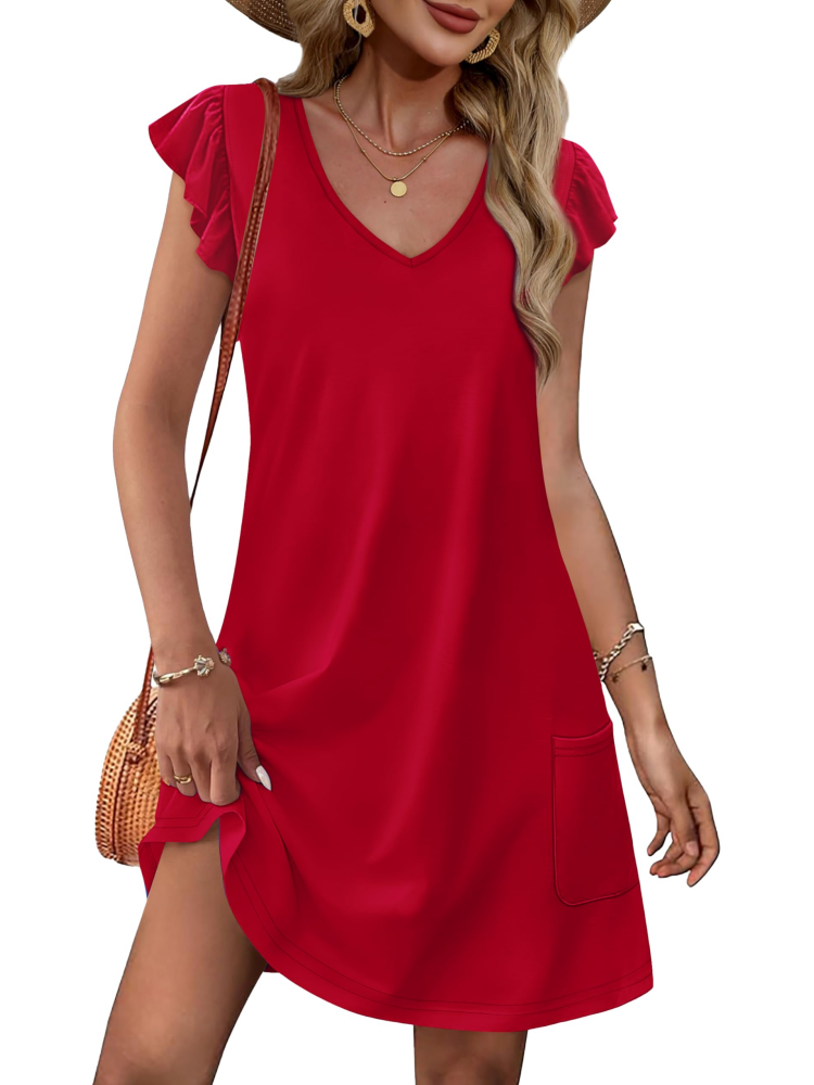 Womens Ruffle Sleeve V Neck Loose Swing Sundresses with Pockets