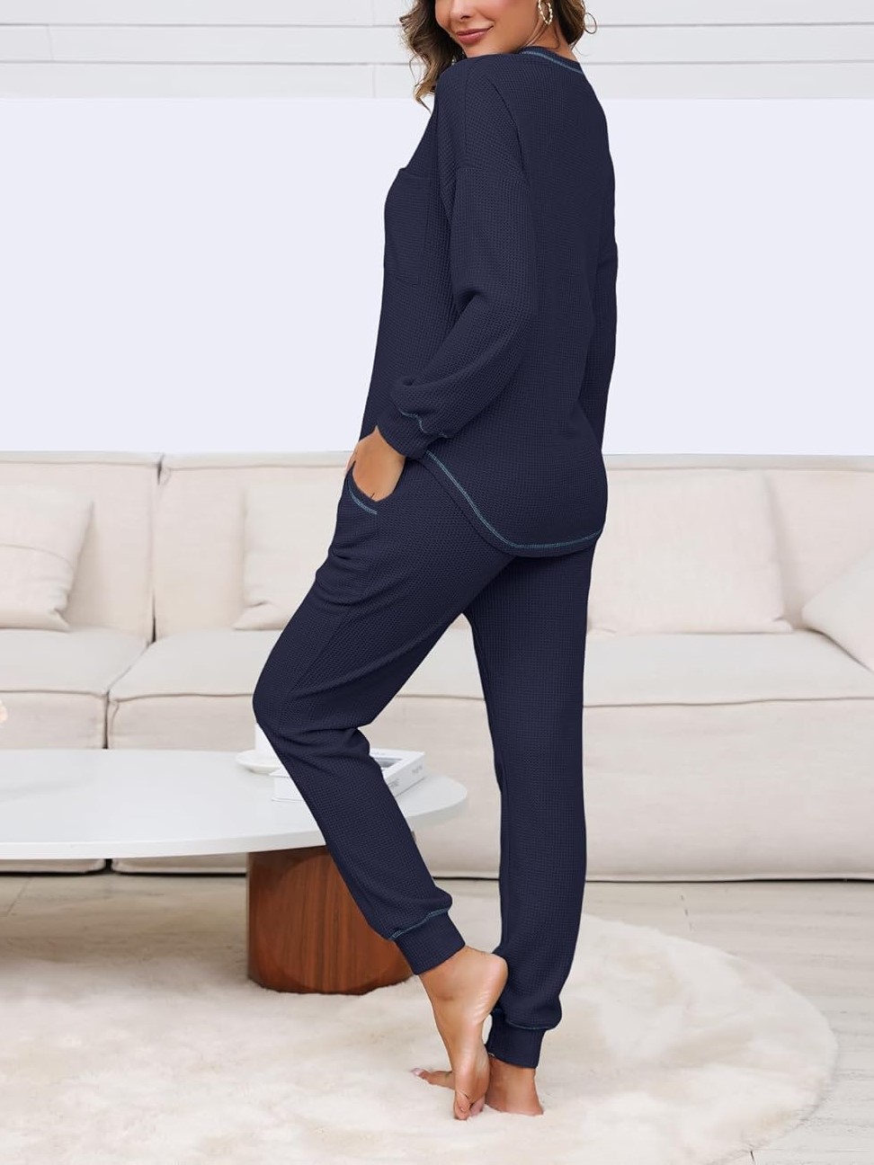 Women's V Neck Waffle Knit Sleepwear Top and Pant Lounge Sets