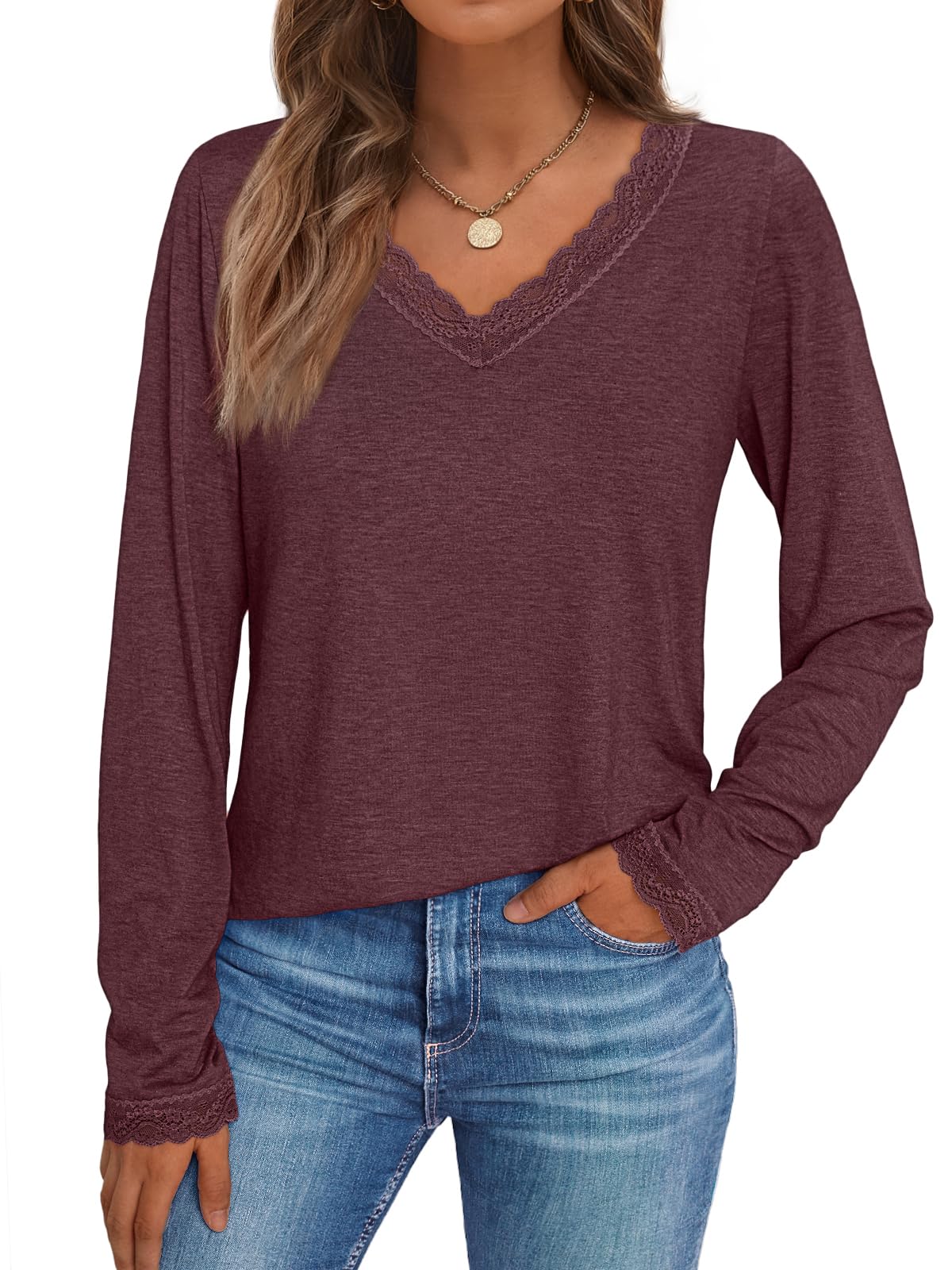 V Neck T Shirts for Women Lace Long Sleeve Tops