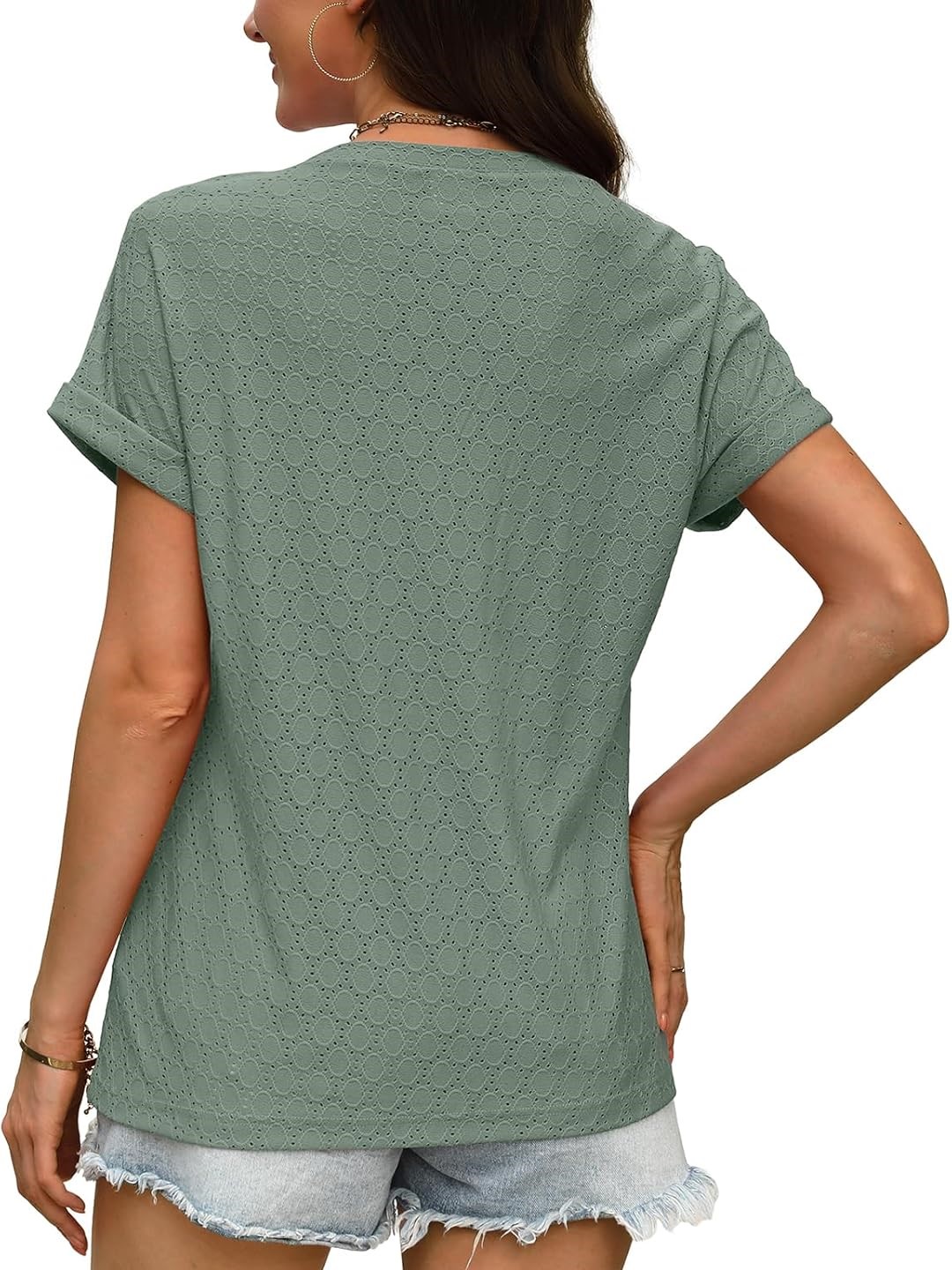Women's V Neck Eyelet Dressy Casual Basic Short Sleeve Tees