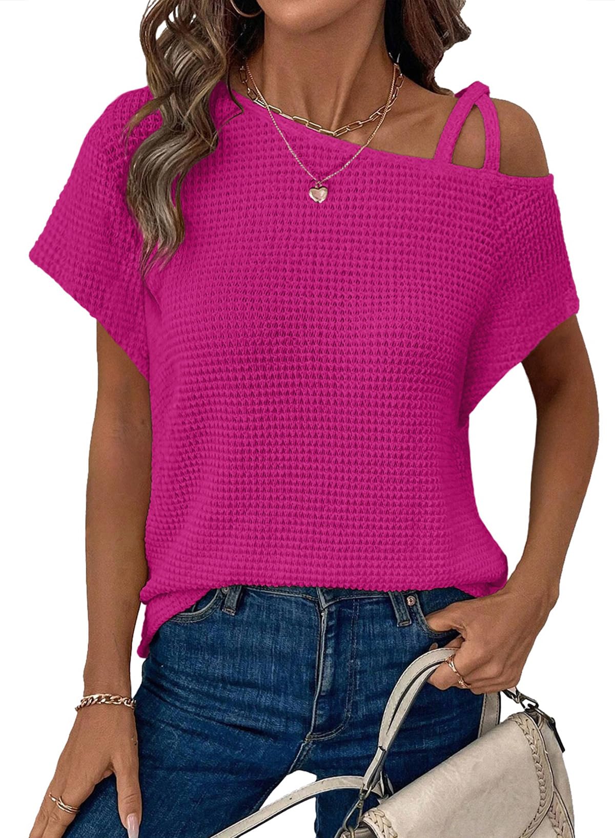 Womens Summer Tops Off One Shoulder Waffle Knit Short Sleeve T-Shirts