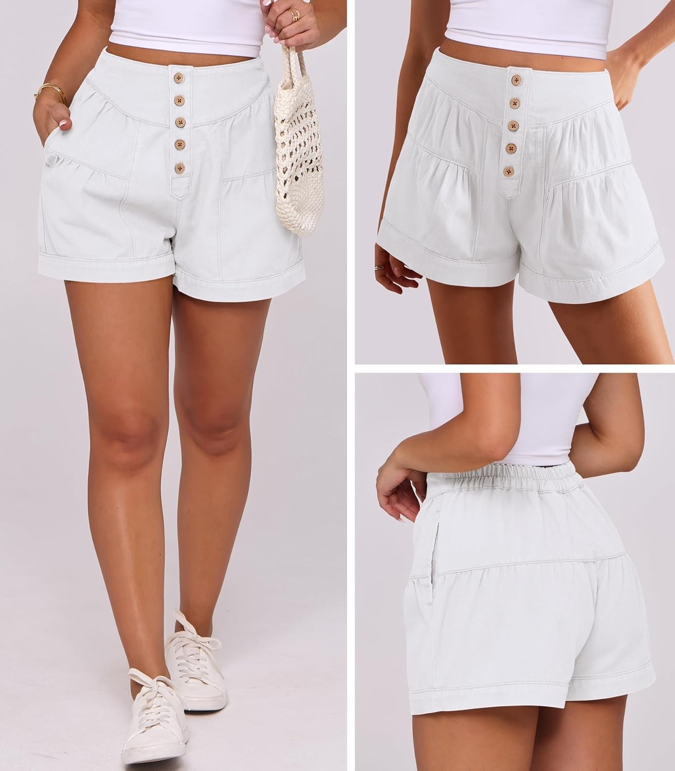 Women's Summer Baggy Flowy Wide Leg Buttons Pleated Denim Shorts